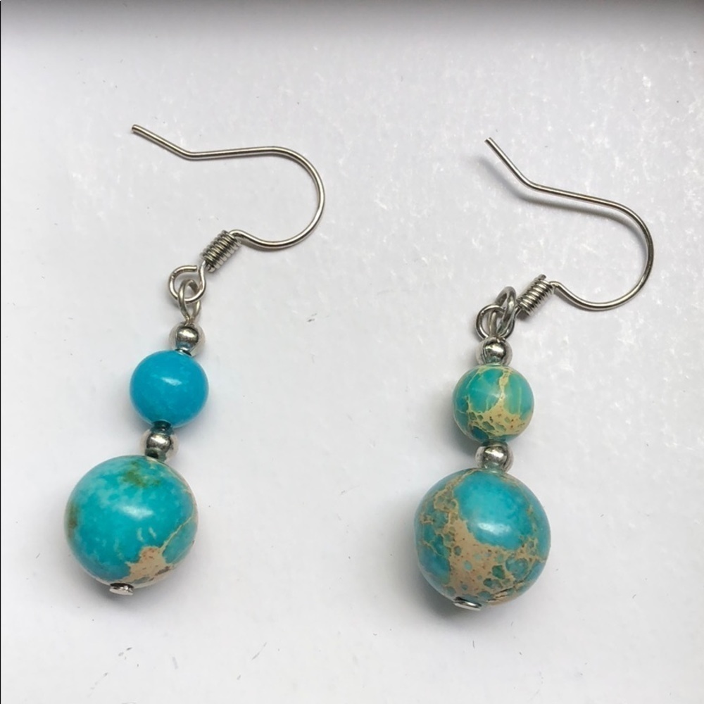 Blue Sea Jasper Drop Dangle Earrings Silver Women Colorful Boho Retro Hippies